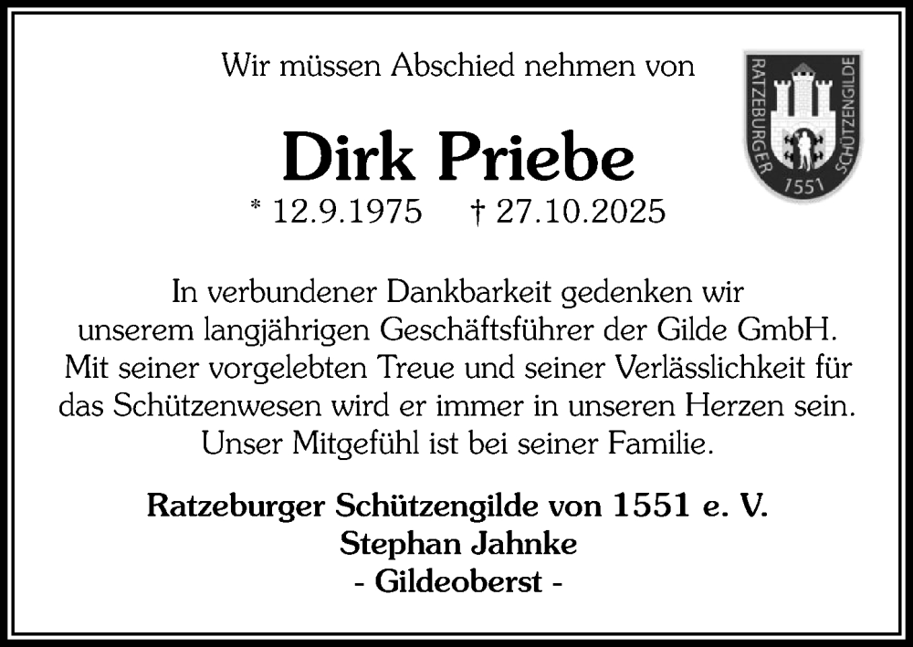  Traueranzeige für Dirk Priebe vom 08.11.2025 aus MARKT Ratzeburg/Mölln