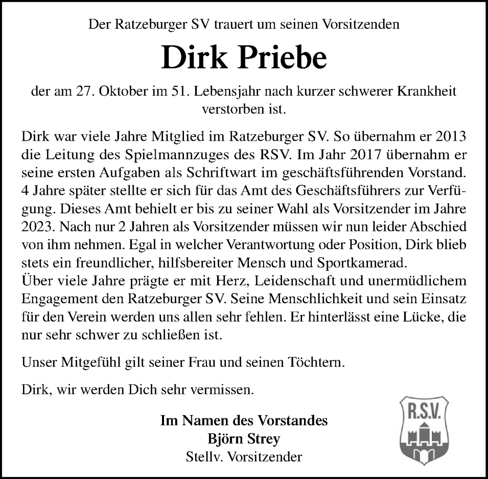 Traueranzeige für Dirk Priebe vom 08.11.2025 aus MARKT Ratzeburg/Mölln