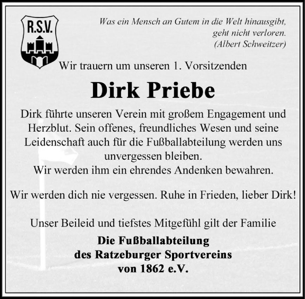  Traueranzeige für Dirk Priebe vom 08.11.2025 aus MARKT Ratzeburg/Mölln