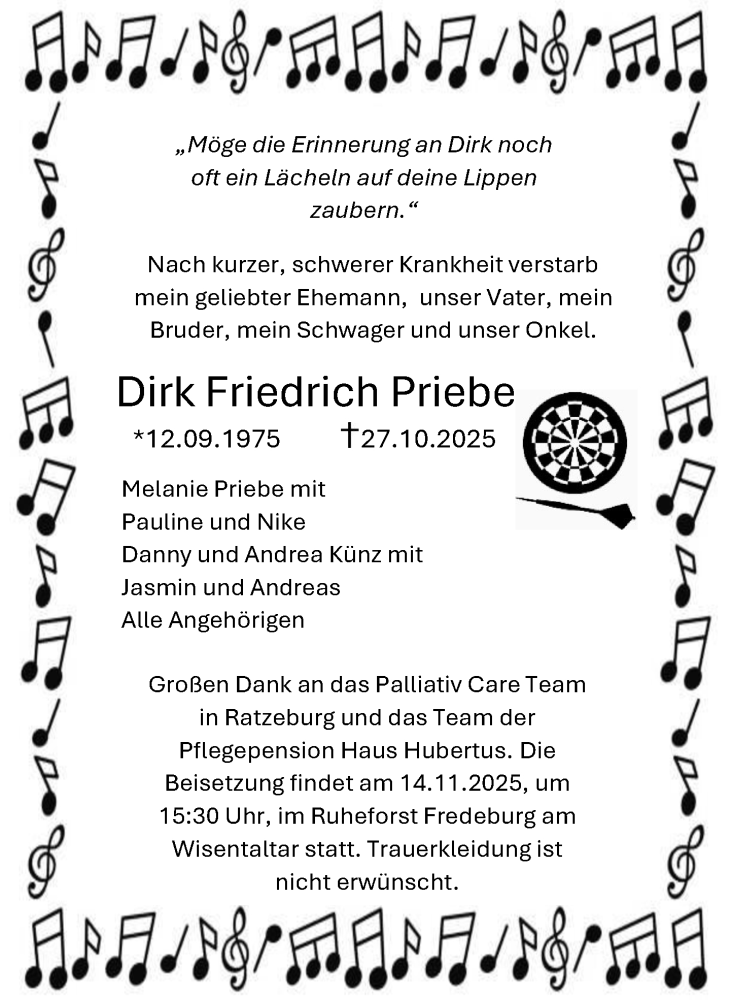  Traueranzeige für Dirk Friedrich Priebe vom 08.11.2025 aus MARKT Ratzeburg/Mölln