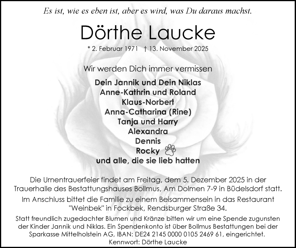  Traueranzeige für Dörthe Laucke vom 29.11.2025 aus Schleswig-Holsteinische Landeszeitung
