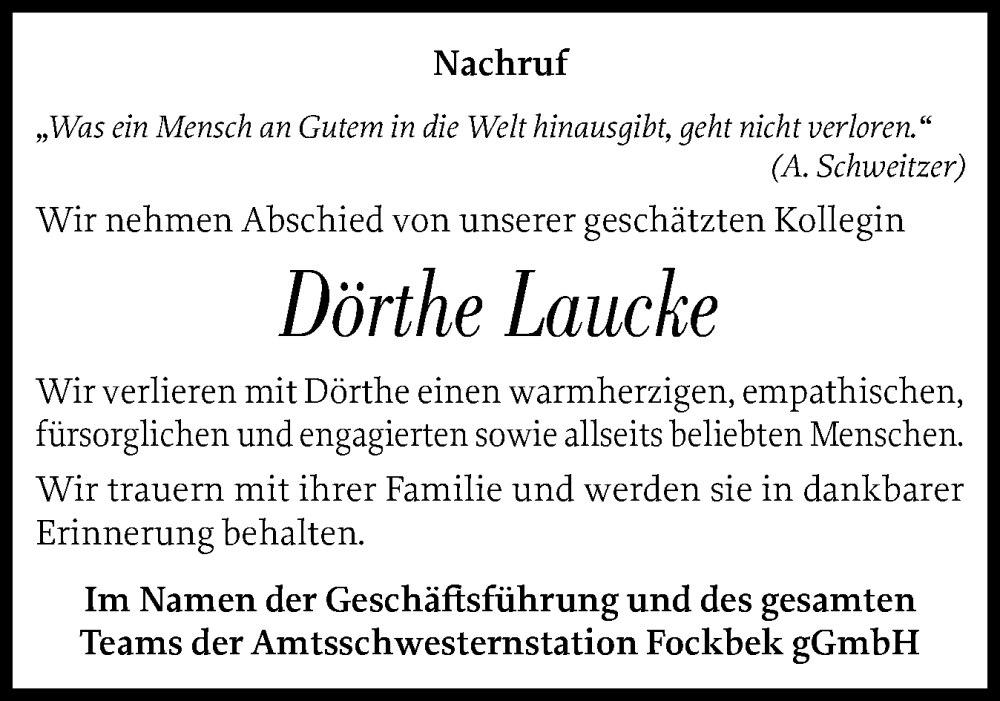  Traueranzeige für Dörthe Laucke vom 29.11.2025 aus Schleswig-Holsteinische Landeszeitung
