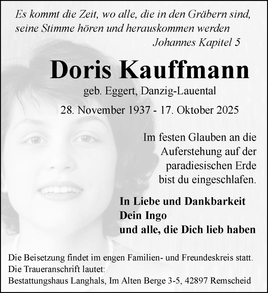  Traueranzeige für Doris Kauffmann vom 08.11.2025 aus MARKT Ratzeburg/Mölln