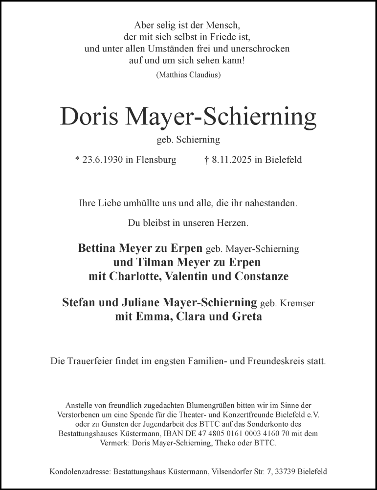  Traueranzeige für Doris Mayer-Schierning vom 12.11.2025 aus Flensburger Tageblatt