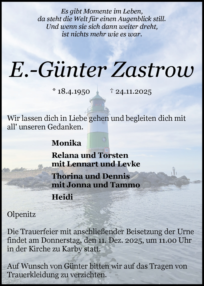  Traueranzeige für E.-Günter Zastrow vom 29.11.2025 aus Schleswiger Nachrichten, Schlei-Bote