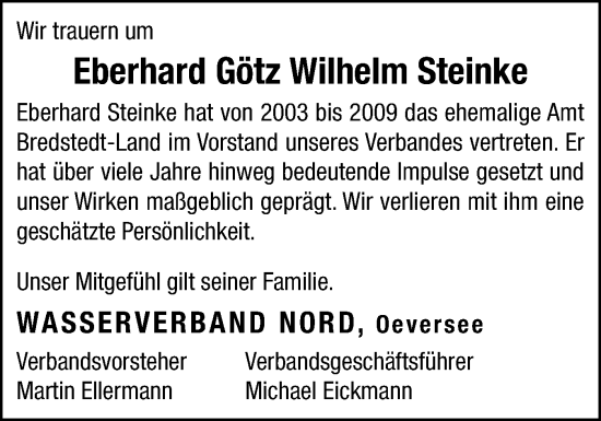 Traueranzeige von Eberhard Götz Wilhelm Steinke von Husumer Nachrichten, Nordfriesland Tageblatt