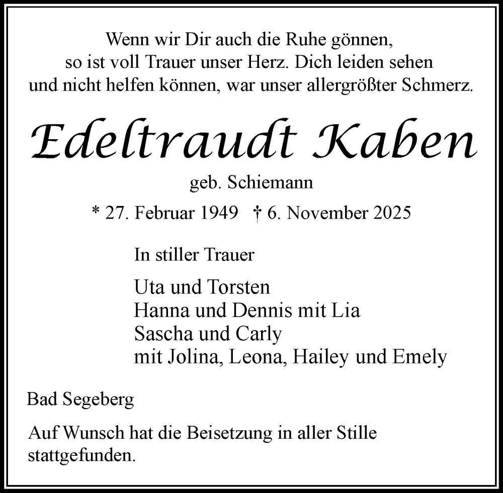  Traueranzeige für Edeltraudt Kaben vom 22.11.2025 aus MARKT Bad Oldesloe/Reinfeld und Stormarner Tageblatt