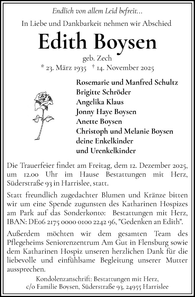  Traueranzeige für Edith Boysen vom 22.11.2025 aus Flensburger Tageblatt