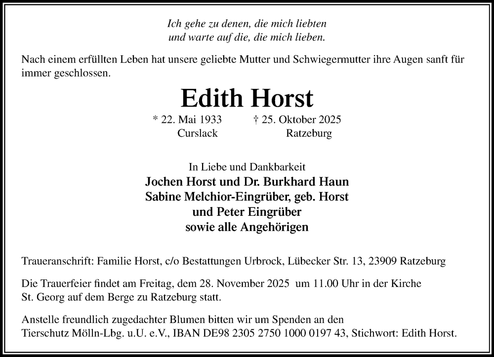  Traueranzeige für Edith Horst vom 08.11.2025 aus MARKT Ratzeburg/Mölln