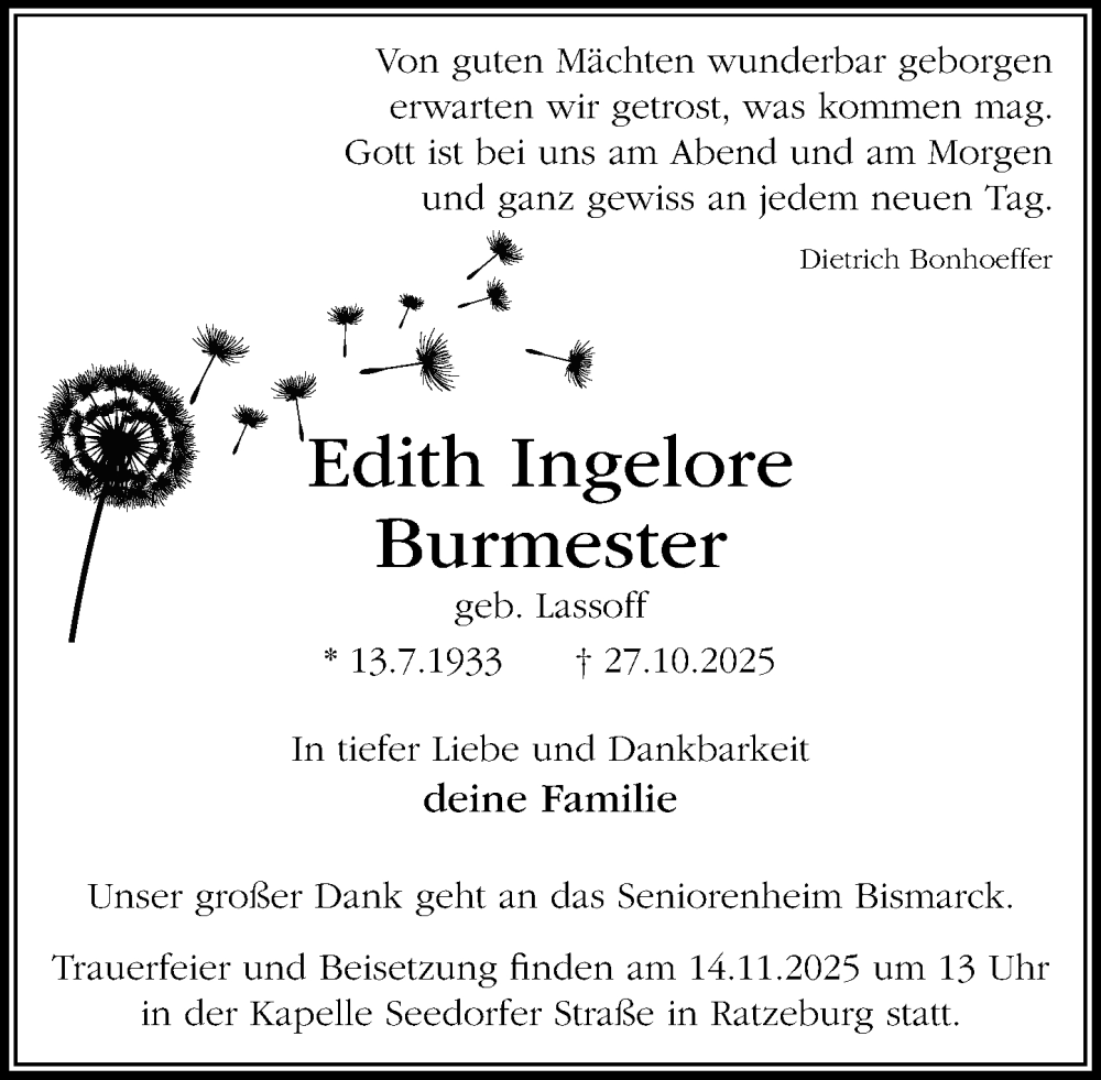  Traueranzeige für Edith Ingelore Burmester vom 08.11.2025 aus MARKT Ratzeburg/Mölln