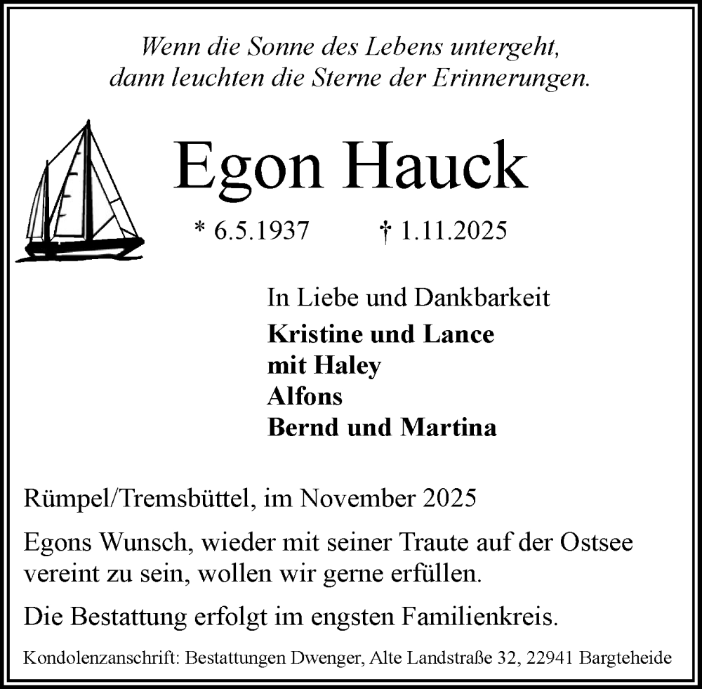  Traueranzeige für Egon Hauck vom 15.11.2025 aus MARKT Ahrensburg/Bargteheide/Trittau und Stormarner Tageblatt
