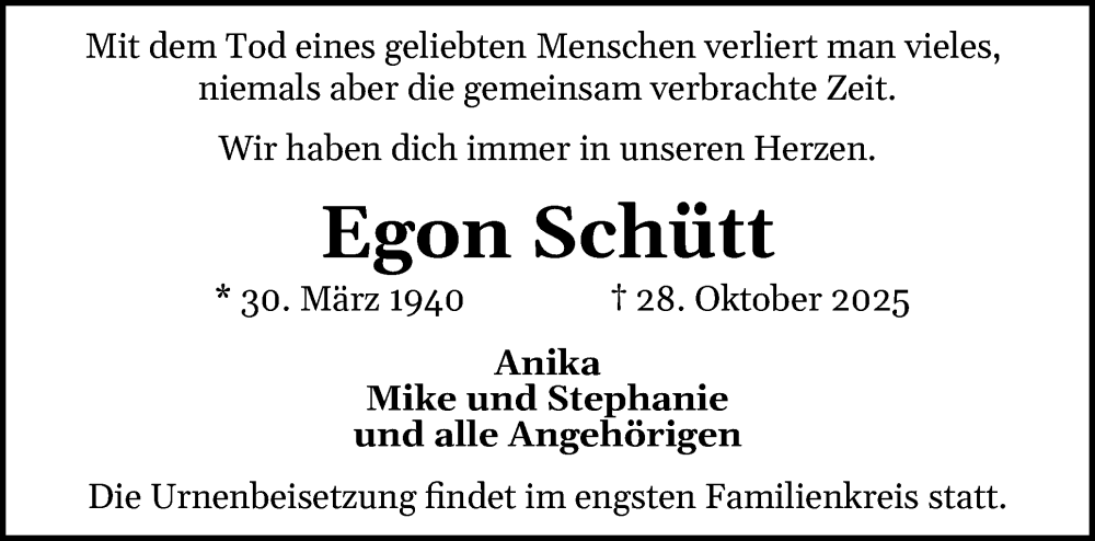  Traueranzeige für Egon Schütt vom 08.11.2025 aus Eckernförder Zeitung, Hallo Eckernförde