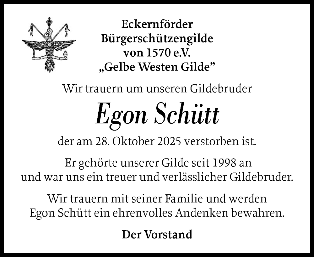  Traueranzeige für Egon Schütt vom 12.11.2025 aus Eckernförder Zeitung