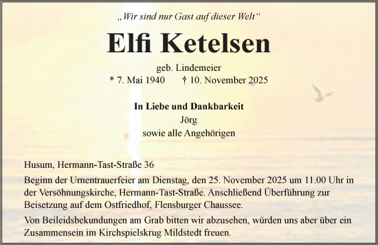 Traueranzeige von Elfi Ketelsen von Husumer Nachrichten, Nordfriesland Tageblatt