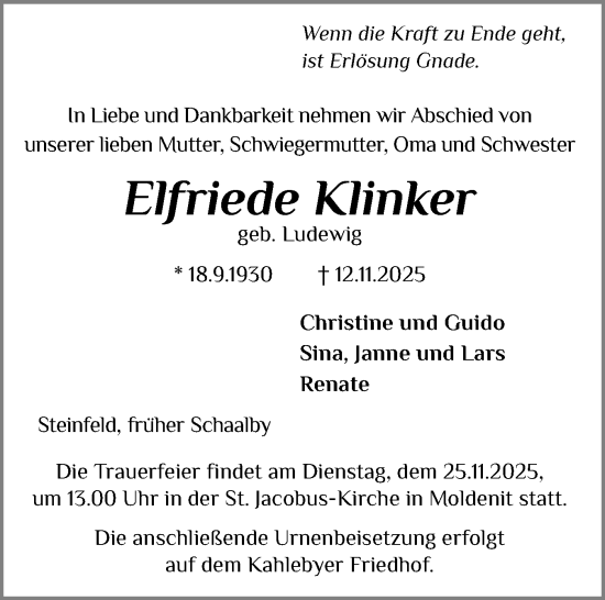 Traueranzeige von Elfriede Klinker von Schleswiger Nachrichten, Schlei-Bote