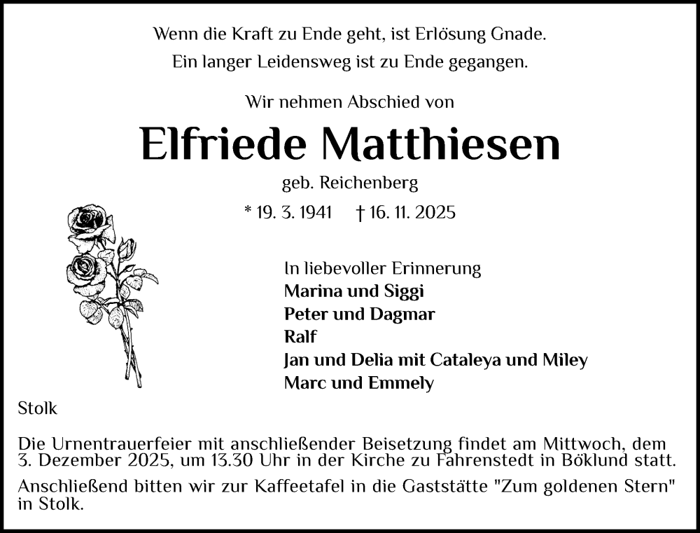  Traueranzeige für Elfriede Matthiesen vom 22.11.2025 aus Schleswiger Nachrichten, Schlei-Bote