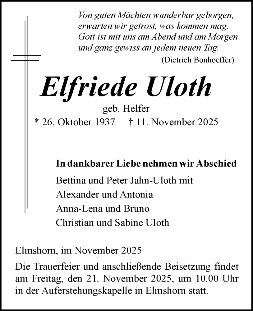  Traueranzeige für Elfriede Uloth vom 15.11.2025 aus Elmshorner Nachrichten, Barmstedter Zeitung