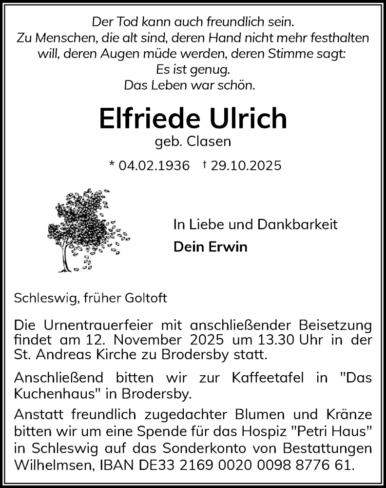  Traueranzeige für Elfriede Ulrich vom 07.11.2025 aus Schleswiger Nachrichten, Schlei-Bote