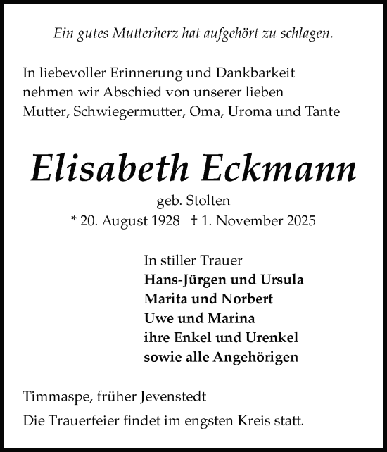 Traueranzeige von Elisabeth Eckmann von Schleswig-Holsteinische Landeszeitung