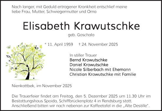 Traueranzeige von Elisabeth Krawutschke von Schleswig-Holsteinische Landeszeitung