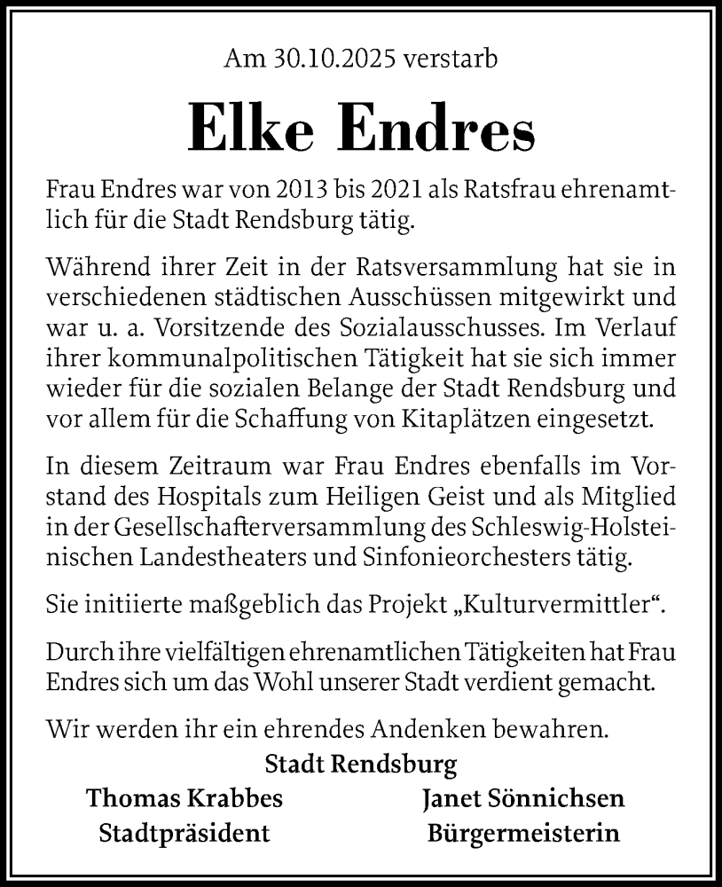  Traueranzeige für Elke Endres vom 15.11.2025 aus Schleswig-Holsteinische Landeszeitung