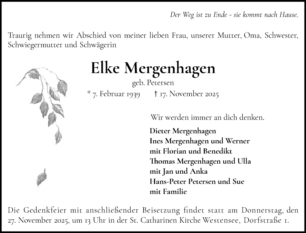  Traueranzeige für Elke Mergenhagen vom 22.11.2025 aus Wedel-Schulauer Tageblatt, tip Wedel-Schulauer Tageblatt, tip Rissener Rundschau
