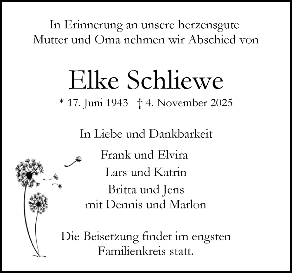  Traueranzeige für Elke Schliewe vom 15.11.2025 aus Region Pinneberg und tip Pinneberg