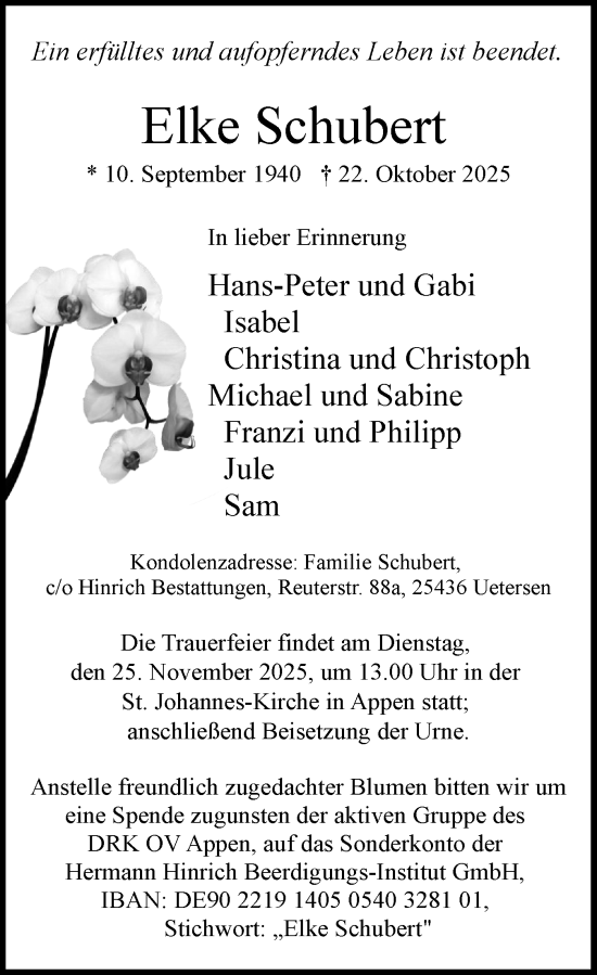 Traueranzeige von Elke Schubert von Region Pinneberg und tip Pinneberg