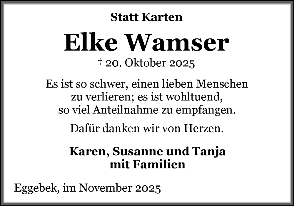  Traueranzeige für Elke Wamser vom 15.11.2025 aus Flensburger Tageblatt, Schleswiger Nachrichten, Schlei-Bote