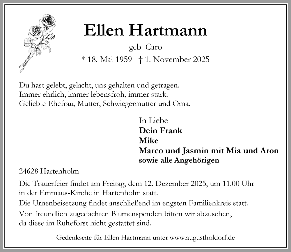  Traueranzeige für Ellen Hartmann vom 29.11.2025 aus Umschau