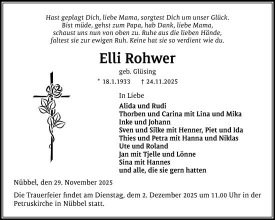 Traueranzeige von Elli Rohwer von Schleswig-Holsteinische Landeszeitung