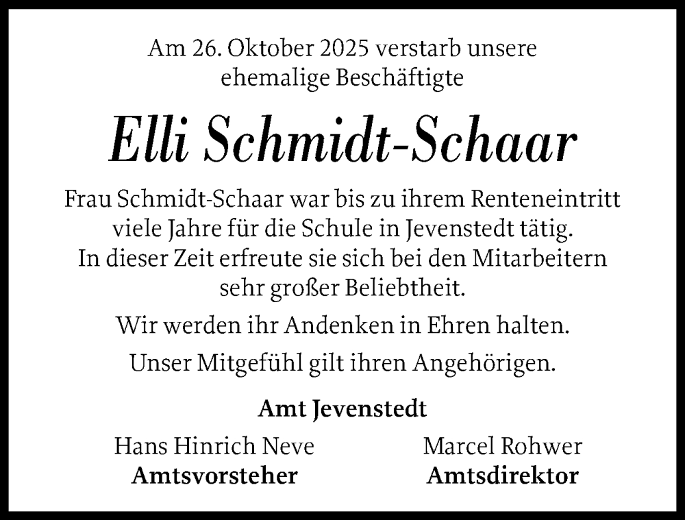  Traueranzeige für Elli Schmidt-Schaar vom 05.11.2025 aus Schleswig-Holsteinische Landeszeitung