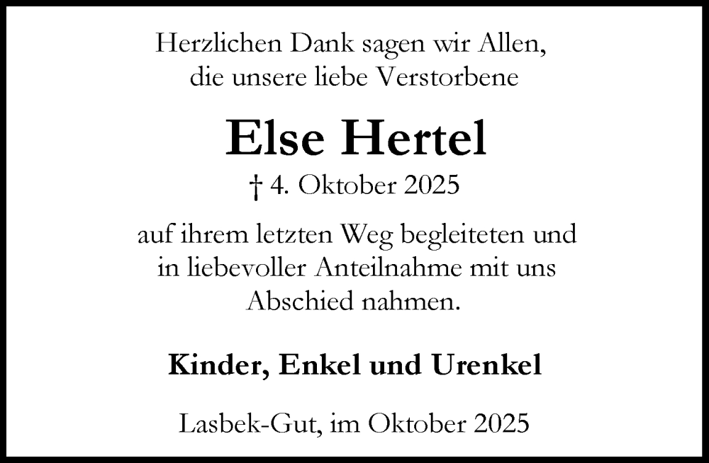  Traueranzeige für Else Hertel vom 08.11.2025 aus MARKT Bad Oldesloe/Reinfeld, MARKT Ahrensburg/Bargteheide/Trittau und Stormarner Tageblatt