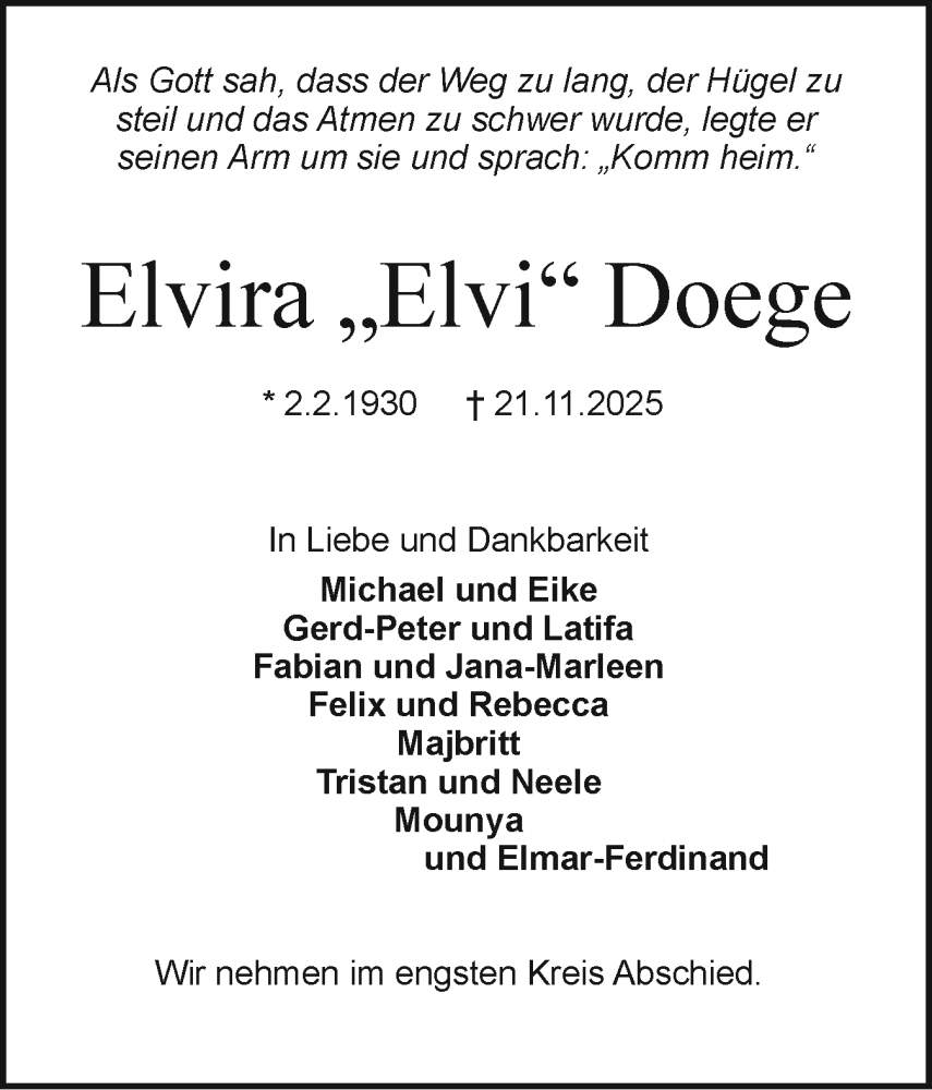  Traueranzeige für Elvira Doege vom 29.11.2025 aus Holsteinischer Courier