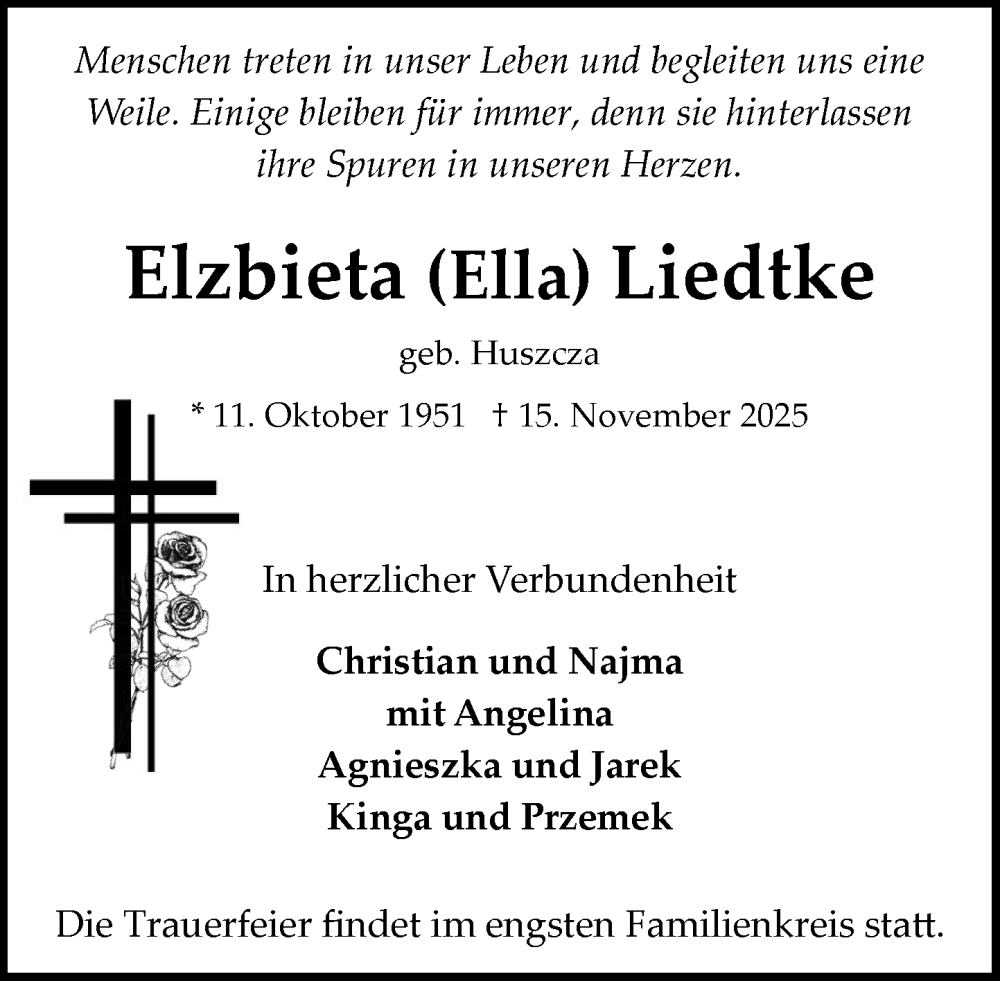  Traueranzeige für Elzbieta Liedtke vom 22.11.2025 aus MARKT Bad Oldesloe/Reinfeld und Stormarner Tageblatt