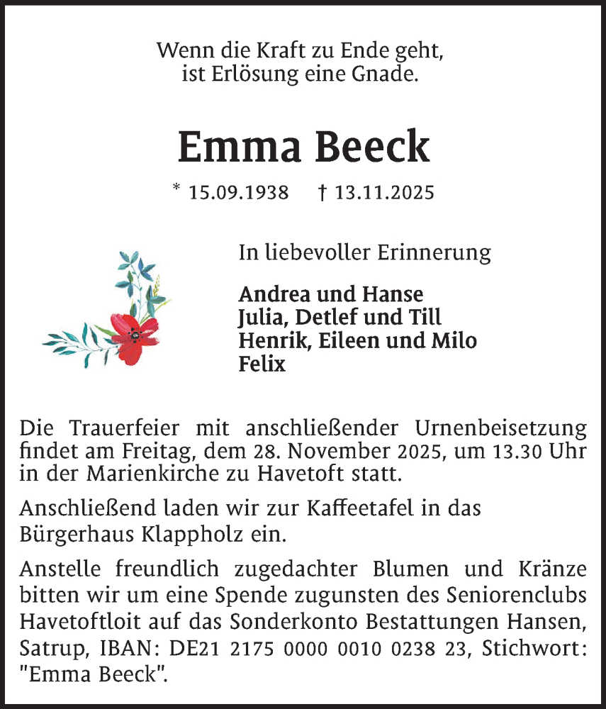  Traueranzeige für Emma Beeck vom 22.11.2025 aus Flensburger Tageblatt, Schleswiger Nachrichten, Schlei-Bote