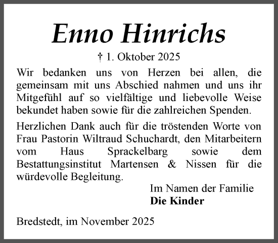 Traueranzeige von Enno Hinrichs von Husumer Nachrichten, Nordfriesland Tageblatt