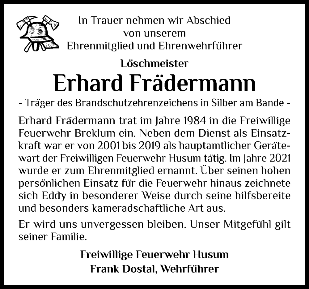  Traueranzeige für Erhard Frädermann vom 24.11.2025 aus Husumer Nachrichten, Nordfriesland Tageblatt