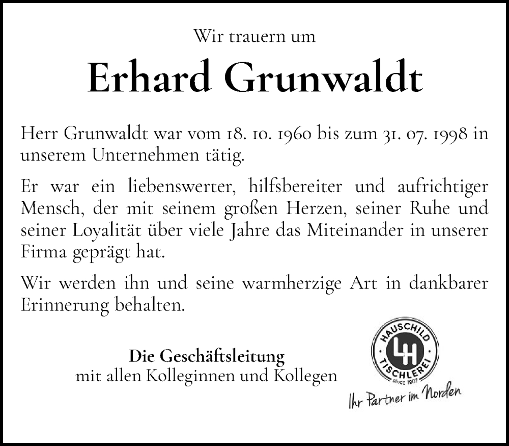  Traueranzeige für Erhard Grunwaldt vom 08.11.2025 aus Holsteinischer Courier