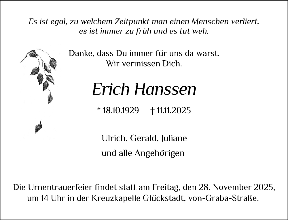  Traueranzeige für Erich Hanssen vom 22.11.2025 aus Norddeutsche Rundschau, Wilstersche Zeitung, Glückstädter Fortuna