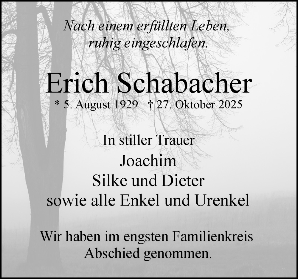  Traueranzeige für Erich Schabacher vom 15.11.2025 aus Uetersener Nachrichten, Der tip am Wochenende