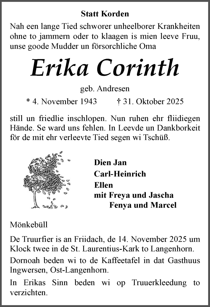  Traueranzeige für Erika Corinth vom 08.11.2025 aus Husumer Nachrichten, Nordfriesland Tageblatt