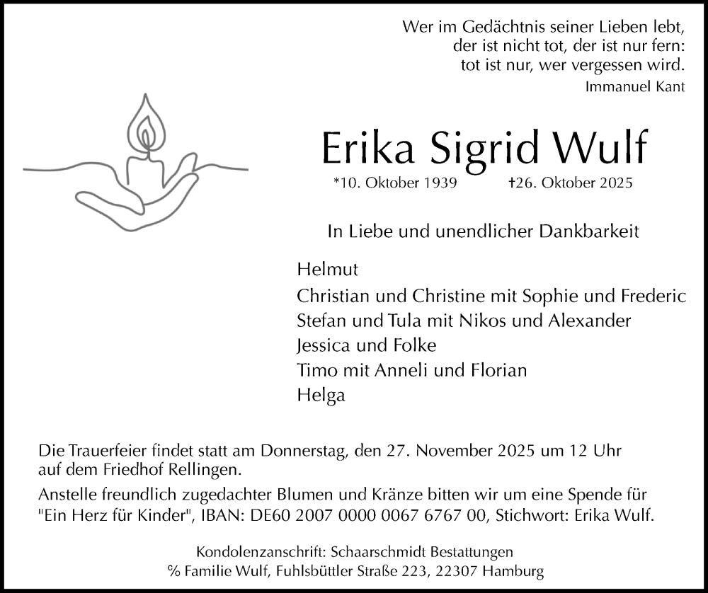  Traueranzeige für Erika Sigrid Wulf vom 08.11.2025 aus Region Pinneberg und tip Pinneberg