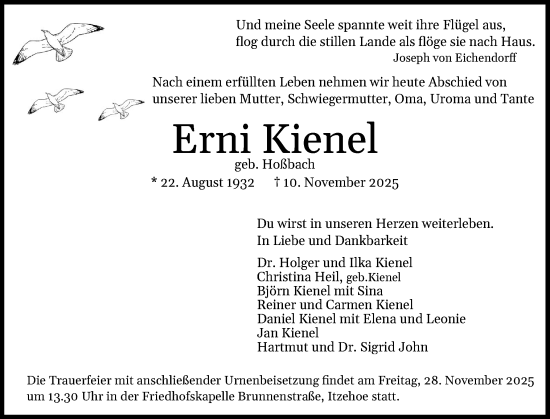 Traueranzeige von Erni Kienel von Norddeutsche Rundschau, Wilstersche Zeitung, Glückstädter Fortuna