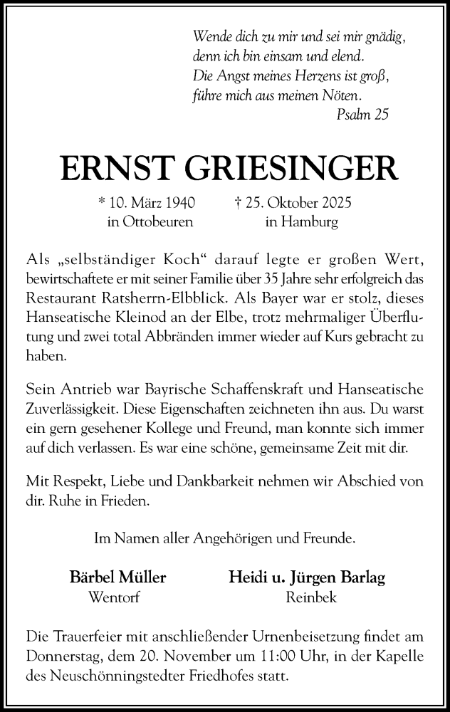 Traueranzeige für Ernst Griesinger vom 15.11.2025 aus MARKT Glinde/Reinfeld