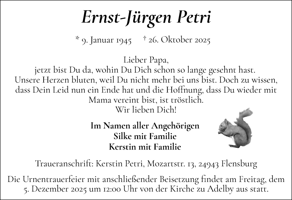  Traueranzeige für Ernst-Jürgen Petri vom 22.11.2025 aus Flensburger Tageblatt