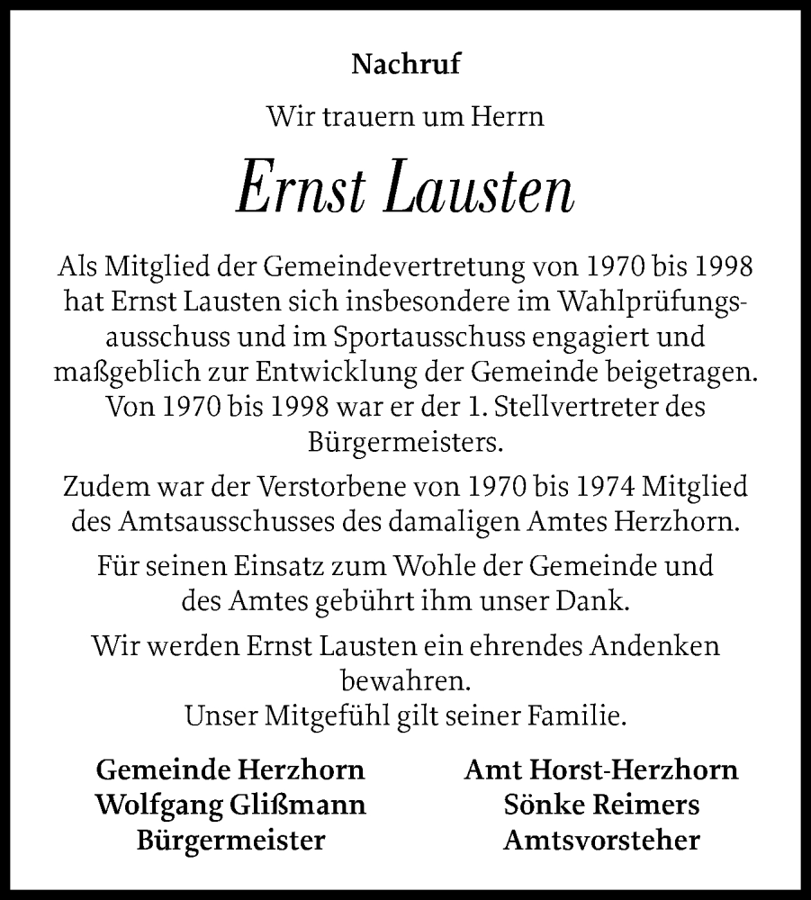  Traueranzeige für Ernst Lausten vom 29.11.2025 aus Norddeutsche Rundschau, Wilstersche Zeitung, Glückstädter Fortuna