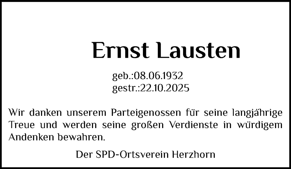  Traueranzeige für Ernst Lausten vom 22.11.2025 aus Norddeutsche Rundschau, Wilstersche Zeitung, Glückstädter Fortuna