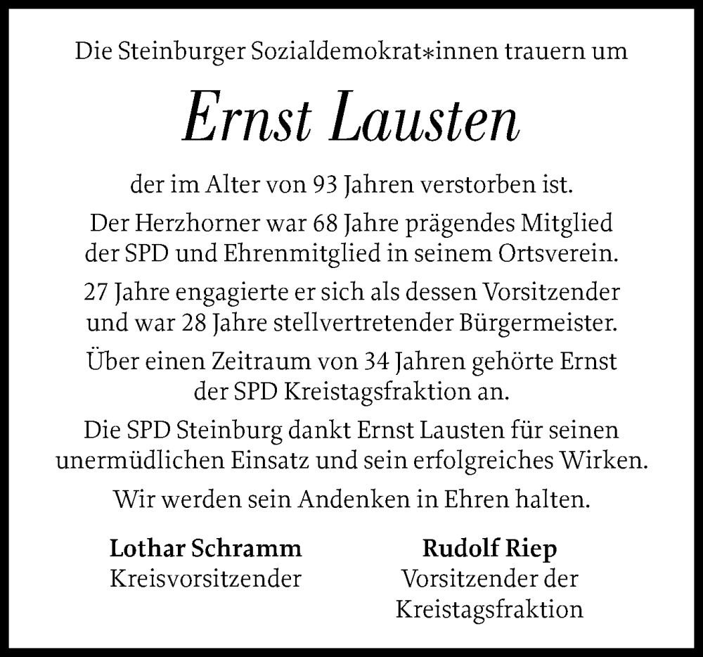  Traueranzeige für Ernst Lausten vom 22.11.2025 aus Norddeutsche Rundschau, Wilstersche Zeitung, Glückstädter Fortuna