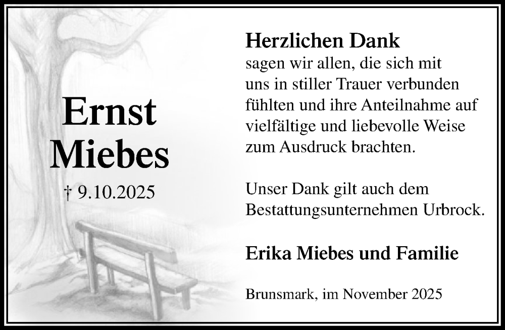  Traueranzeige für Ernst Miebes vom 15.11.2025 aus MARKT Ratzeburg/Mölln